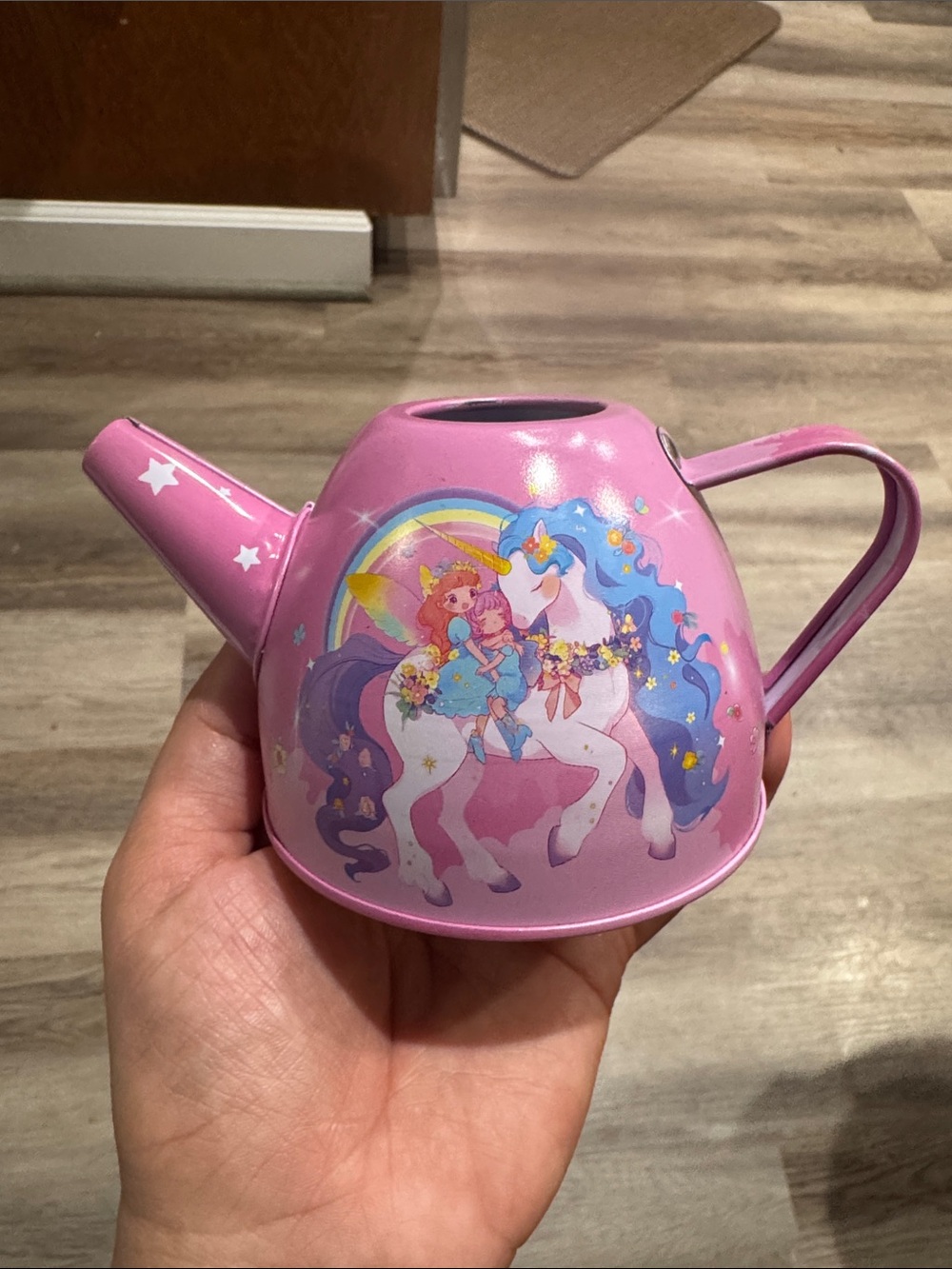 Pink metal tin unicorn magical tea pot toy pretend play tea party